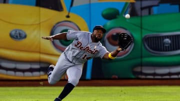 OAKLAND, CA - SEPTEMBER 07: Christin Stewart #14 of the Detroit Tigers catches a fly ball hit off the bat of Robbie Grossman (not pictured) of the Oakland Athletics during the fourth inning at the RingCentral Coliseum on September 7, 2019 in Oakland, California. The Oakland Athletics defeated the Detroit Tigers 10-2. (Photo by Jason O. Watson/Getty Images)