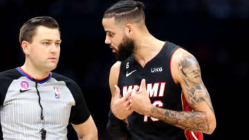Caleb Martin #16 of the Miami Heat pleads his case with an referee during the second quarter of a basketball against the Charlotte Hornets(Photo by David Jensen/Getty Images)