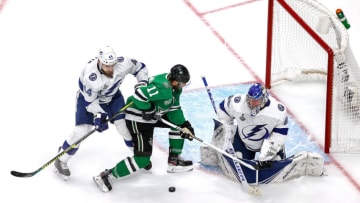 EDMONTON, ALBERTA - SEPTEMBER 23: Andrei Vasilevskiy #88 of the Tampa Bay Lightning makes the save against Andrew Cogliano #11 of the Dallas Stars as Jan Rutta #44 defends during the first period in Game Three of the 2020 NHL Stanley Cup Final at Rogers Place on September 23, 2020 in Edmonton, Alberta, Canada. (Photo by Bruce Bennett/Getty Images)