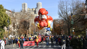 NEW YORK, NEW YORK - NOVEMBER 25: RONALD MCDONALD® MCDONALD’S® USA balloon is seen as 95 And Marching On! Macy's Parade® Thanksgiving Day ushers in the Holiday Season on November 25, 2021 in New York City. The world’s most famous clown returns to the Big Apple with a new look, this is his fifth design since he first joined the Macy’s Thanksgiving Day Parade in 1987! In this version, Ronald is sharing his heart with us at a time when we all need some extra love and smiles and inspiring spectators to “see a smile, share a smile.” Balloon Dimensions: 68-feet long, 31-feet wide, 40-feet tall. Fun Fact: It took 2,629 hours to complete the Ronald balloon at Macy’s Studio; and over 50 gallons of paint! (Photo by Eugene Gologursky/Getty Images for Macy's Inc.)
