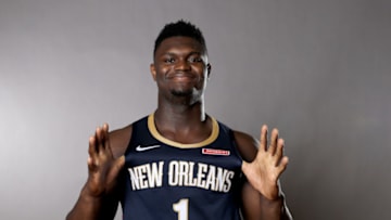 MADISON, NEW JERSEY - AUGUST 11: Zion Williamson of the New Orleans Pelicans poses for a portrait during the 2019 NBA Rookie Photo Shoot on August 11, 2019 at the Ferguson Recreation Center in Madison, New Jersey. (Photo by Elsa/Getty Images)
