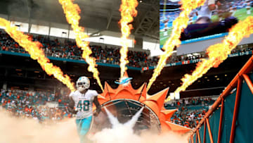 MIAMI GARDENS, FL - OCTOBER 22: MarQueis Gray #48 of the Miami Dolphins take the field during a game against the New York Jets at Hard Rock Stadium on October 22, 2017 in Miami Gardens, Florida. (Photo by Mike Ehrmann/Getty Images)