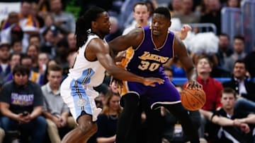 Mar 2, 2016; Denver, CO, USA; Denver Nuggets forward Kenneth Faried (35) guards Los Angeles Lakers forward Julius Randle (30) in the first quarter at the Pepsi Center. Mandatory Credit: Isaiah J. Downing-USA TODAY Sports
