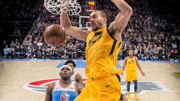 Utah Jazz center Rudy Gobert dunks against the Sacramento Kings at the Golden 1 Center in Sacramento, Calif., on Saturday, March 3, 2018. The Jazz won, 98-91. (Hector Amezcua/Sacramento Bee/TNS via Getty Images)