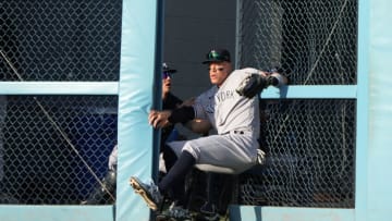 Jun 3, 2023; Los Angeles, California, USA; New York Yankees right fielder Aaron Judge (99) catches a fly ball by Los Angeles Dodgers designated hitter J.D. Martinez (28) in the eighth inning at Dodger Stadium. Mandatory Credit: Kirby Lee-USA TODAY Sports
