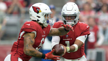 Sep 19, 2021; Glendale, Arizona, USA; Arizona Cardinals quarterback Kyler Murray (1) hands the ball to Arizona Cardinals running back James Conner (6) against the Minnesota Vikings during the second half at State Farm Stadium. Mandatory Credit: Joe Camporeale-USA TODAY Sports