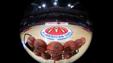 April 3, 2013; Chicago, IL, USA; A general view of the court and a rack of basketballs before the McDonald's All American Games at the United Center. Mandatory Credit: Brian Spurlock-USA TODAY Sports