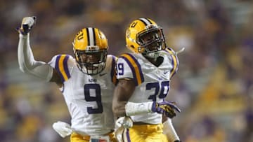 Sep 10, 2016; Baton Rouge, LA, USA; LSU Tigers wide receiver Russell Gage (39) is congratulated by safety Rickey Jefferson (9) after a tackle against the Jacksonville State Gamecocks during the second half at Tiger Stadium. LSU defeated Jacksonville State 34-13. Mandatory Credit: Crystal LoGiudice-USA TODAY Sports