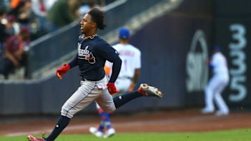 NEW YORK, NY - MAY 01: Ozzie Albies #1 of the Atlanta Braves runs to third base on a double hit by Ronald Acuna Jr. #13 in the first inning against the New York Mets at Citi Field on May 1, 2018 in the Flushing neighborhood of the Queens borough of New York City. (Photo by Mike Stobe/Getty Images)