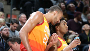 SALT LAKE CITY, UT - FEBRUARY 23: Rudy Gobert #27 and Donovan Mitchell #45 of the Utah Jazz looks on during the game against the Portland Trail Blazers on February 23, 2018 at vivint.SmartHome Arena in Salt Lake City, Utah. Copyright 2018 NBAE (Photo by Melissa Majchrzak/NBAE via Getty Images)