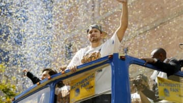 Jun 19, 2015; Oakland, CA, USA; Golden State Warriors forward David Lee waves to the crowd during the Golden State Warriors 2015 championship celebration in downtown Oakland. Mandatory Credit: Cary Edmondson-USA TODAY Sports