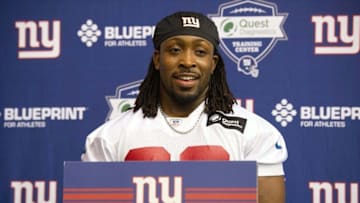 May 6, 2016; East Rutherford, NJ, USA; New York Giants running back Paul Perkins (39) during rookie minicamp at Quest Diagnostics Training Center. Mandatory Credit: William Hauser-USA TODAY Sports