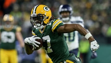 GREEN BAY, WISCONSIN - JANUARY 12: Davante Adams #17 of the Green Bay Packers runs with the ball in the third quarter against the Seattle Seahawks during the NFC Divisional Round Playoff game at Lambeau Field on January 12, 2020 in Green Bay, Wisconsin. (Photo by Dylan Buell/Getty Images)