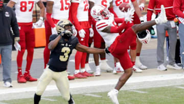 Nebraska cornerback Cam Taylor-Britt (5) goes up to attempt to intercept a pass intended for Purdue wide receiver David Bell (3) during the fourth quarter of an NCAA college football game, Saturday, Dec. 5, 2020 at Ross-Ade Stadium in West Lafayette.Cfb Purdue Vs Nebraska