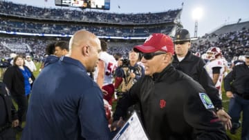 UNIVERSITY PARK, PA - SEPTEMBER 30: Head coach James Franklin of the Penn State Nittany Lions shakes hands with head coach Tom Allen of the Indiana Hoosiers after the game on September 30, 2017 at Beaver Stadium in University Park, Pennsylvania. Penn State defeats Indiana 45-14. (Photo by Brett Carlsen/Getty Images)