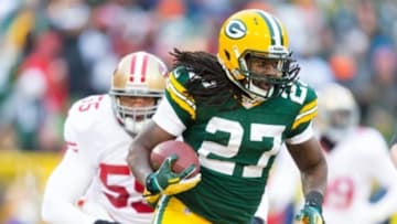Jan 5, 2014; Green Bay, WI, USA; Green Bay Packers running back Eddie Lacy (27) during the 2013 NFC wild card playoff football game against the San Francisco 49ers at Lambeau Field. San Francisco won 23-20. Mandatory Credit: Jeff Hanisch-USA TODAY Sports
