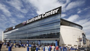 ST. LOUIS, MO - OCTOBER 10: Fans mingle outside of the Scottrade Center before an NHL game between the St. Louis Blues and the Calgary Flames on October 10, 2011in St. Louis, Missouri. (Photo by Mark Buckner/NHLI via Getty Images)