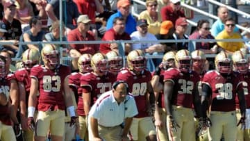 Sep 5, 2015; Boston, MA, USA; Boston College Eagles head coach Steve Addazio watches the action during the first half against the Maine Black Bears at Alumni Stadium. Mandatory Credit: Bob DeChiara-USA TODAY Sports