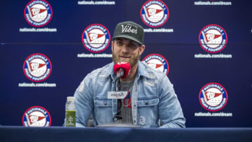 WASHINGTON, DC - April 02: Bryce Harper #3 of the Philadelphia Phillies speaks during a press conference before the game between the Washington Nationals and the Philadelphia Phillies at Nationals Park on April 2, 2019 in Washington, DC. (Photo by Scott Taetsch/Getty Images)