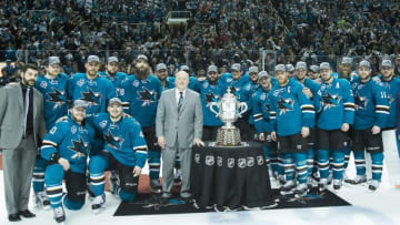 May 25, 2016; San Jose, CA, USA; The San Jose Sharks stand with the Clarence S. Campbell Bowl after defeating the St. Louis Blues 5-2 to win the Western Conference Finals of the 2016 Stanley Cup Playoffs at SAP Center at San Jose. Mandatory Credit: Kelley L Cox-USA TODAY Sports