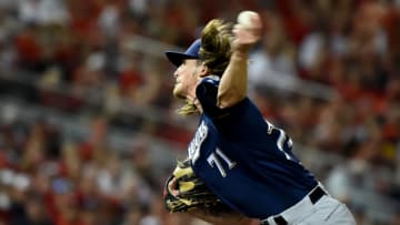 WASHINGTON, DC - OCTOBER 01: Josh Hader #71 of the Milwaukee Brewers pitches against the Washington Nationals during the National League Wild Card game at Nationals Park on October 1, 2019 in Washington, DC. (Photo by Will Newton/Getty Images)