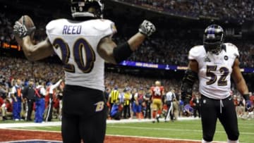 Feb 3, 2013; New Orleans, LA, USA; Baltimore Ravens inside linebacker Ray Lewis (52) celebrates with free safety Ed Reed (20) after the San Francisco 49ers failed to convert on fourth down in the fourth quarter in Super Bowl XLVII at the Mercedes-Benz Superdome. Mandatory Credit: Robert Deutsch-USA TODAY Sports