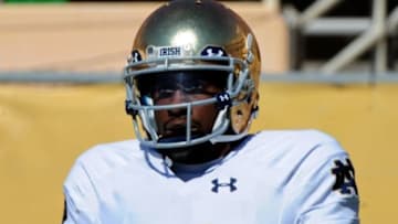 Nov 8, 2014; Tempe, AZ, USA; Notre Dame Fighting Irish quarterback Everett Golson (5) warms up prior to the game against the Arizona State Sun Devils at Sun Devil Stadium. Mandatory Credit: Matt Kartozian-USA TODAY Sports