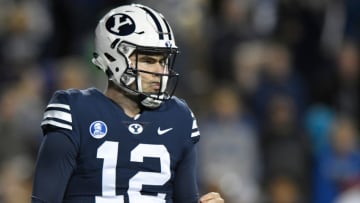 PROVO, UT - OCTOBER 6: Quarterback Tanner Mangum #12 of the Brigham Young Cougars walks to the sideline during their game against the Boise State Broncos at LaVell Edwards Stadium on October 6, 2017 in Provo, Utah. (Photo by Gene Sweeney Jr./Getty Images)