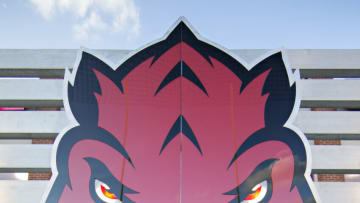 FAYETTEVILLE, AR - SEPTEMBER 17: Razorback logo of the Arkansas Razorbacks on the gate where the team enters the field before a game against the Texas State Bobcats at Razorback Stadium on September 17, 2016 in Fayetteville, Arkansas. The Razorbacks defeated the Bobcats 42-3. (Photo by Wesley Hitt/Getty Images) *** Local Caption ***