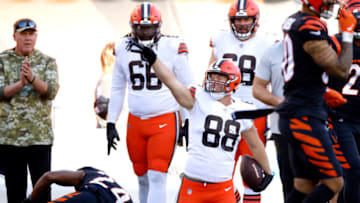CINCINNATI, OHIO - NOVEMBER 07: Harrison Bryant #88 of the Cleveland Browns reacts after making a reception for a first down during the fourth quarter against the Cincinnati Bengals at Paul Brown Stadium on November 07, 2021 in Cincinnati, Ohio. (Photo by Kirk Irwin/Getty Images)