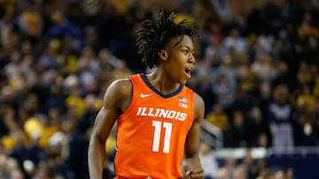 ANN ARBOR, MI - JANUARY 25: Illinois Fighting Illini guard Ayo Dosunmu (11) celebrates after scoring the game-winning basket during a regular season Big Ten Conference game between the Illinois Fighting Illini (21) and the Michigan Wolverines on January 25, 2020, at Crisler Center in Ann Arbor, Michigan. Illinois defeated Michigan 64-62. (Photo by Scott W. Grau/Icon Sportswire via Getty Images)