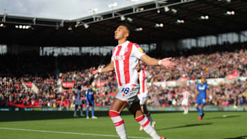 STOKE ON TRENT, ENGLAND - OCTOBER 30: Jacob Brown of Stoke City celebrates scoring during the Sky Bet Championship match between Stoke City and Cardiff City at Bet365 Stadium on October 30, 2021 in Stoke on Trent, England. (Photo by Ashley Allen/Getty Images)