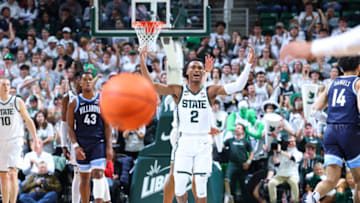 EAST LANSING, MI - NOVEMBER 18: Tyson Walker #2 of the Michigan State Spartans celebrates in the first half of the game against the Villanova Wildcats at Breslin Center on November 18, 2022 in East Lansing, Michigan. (Photo by Rey Del Rio/Getty Images)