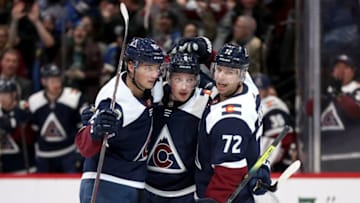 DENVER, COLORADO - JANUARY 02: Andre Burakovsky #95, Cale Makar #8 and Joonas Donskoi #72 of the Colorado Avalanche celebrate a goal by Makar against the St Louis Blues in the second period at the Pepsi Center on January 02, 2020 in Denver, Colorado. (Photo by Matthew Stockman/Getty Images)