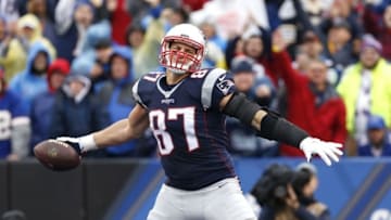 Oct 30, 2016; Orchard Park, NY, USA; New England Patriots tight end Rob Gronkowski (87) celebrates by spiking the ball after scoring a touchdown during the first half against the Buffalo Bills at New Era Field. Mandatory Credit: Kevin Hoffman-USA TODAY Sports