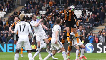 HULL, ENGLAND - MAY 06: Andrea Ranocchia of Hull City heads at goal during the Premier League match between Hull City and Sunderland at KCOM Stadium on May 6, 2017 in Hull, England. (Photo by Ian MacNicol/Getty Images)