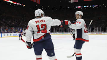 UNIONDALE, NEW YORK - OCTOBER 04: Jakub Vrana #13 of the Washington Capitals scores at 10:25 of the first period against the New York Islanders at NYCB Live's Nassau Coliseum on October 04, 2019 in Uniondale, New York. (Photo by Bruce Bennett/Getty Images)