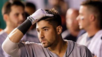 KANSAS CITY, MO - JULY 18: Nicholas Castellanos #9 of the Detroit Tigers reacts in the dugout after hitting his second home run of the game during the 7th inning of the game against the Kansas City Royals at Kauffman Stadium on July 18, 2017 in Kansas City, Missouri. (Photo by Jamie Squire/Getty Images)