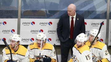 EDMONTON, ALBERTA - AUGUST 05: Head coach John Hynes of the Nashville Predators directs his team from the bench in the first period against the Arizona Coyotes in Game Three of the Western Conference Qualification Round prior to the 2020 NHL Stanley Cup Playoffs at Rogers Place on August 05, 2020 in Edmonton, Alberta. (Photo by Jeff Vinnick/Getty Images)