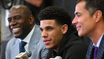 LOS ANGELES, CA - JUNE 23: Magic Johnson, president of basketball operations of the Los Angeles Lakers, general manager Rob Pelinka and draft pick Lonzo Ball talk to the media during a press conference on June 23, 2017 at the team training faculity in Los Angeles, California. (Photo by Jayne Kamin-Oncea/Getty Images)