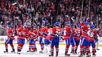 MONTREAL, QC - APRIL 14: The Montreal Canadiens thank the fans after winning in overtime against the New York Rangers in Game Two of the Eastern Conference First Round during the 2017 NHL Stanley Cup Playoffs at the Bell Centre on April 14, 2017 in Montreal, Quebec, Canada. The Montreal Canadiens defeated the New York Rangers 4-3 in overtime. (Photo by Minas Panagiotakis/Getty Images)