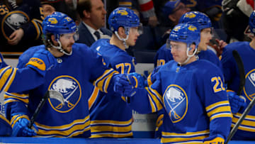 Feb 28, 2023; Buffalo, New York, USA; Buffalo Sabres right wing Jack Quinn (22) celebrates his goal with teammates during the third period against the Columbus Blue Jackets at KeyBank Center. Mandatory Credit: Timothy T. Ludwig-USA TODAY Sports