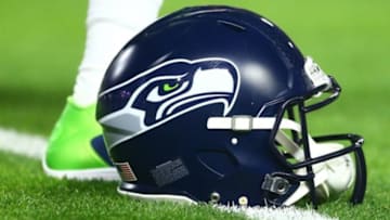 Dec 21, 2014; Glendale, AZ, USA; Detailed view of a Seattle Seahawks helmet on the field during the game against the Arizona Cardinals at University of Phoenix Stadium. The Seahawks defeated the Cardinals 35-6. Mandatory Credit: Mark J. Rebilas-USA TODAY Sports
