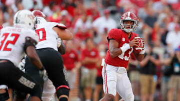 TUSCALOOSA, AL - SEPTEMBER 08: Tua Tagovailoa #13 of the Alabama Crimson Tide looks to pass against the Arkansas State Red Wolves at Bryant-Denny Stadium on September 8, 2018 in Tuscaloosa, Alabama. (Photo by Kevin C. Cox/Getty Images)