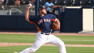 WEST PALM BEACH, FL - MARCH 1: Riley Ferrell #70 of the Houston Astros throws the ball against the Boston Red Sox during a spring training game at The Ballpark of the Palm Beaches on March 1, 2018 in West Palm Beach, Florida. The Astros defeated the Red Sox 10-5. (Photo by Joel Auerbach/Getty Images)