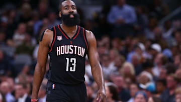 SAN ANTONIO, TX - MAY 03: James Harden #13 of the Houston Rockets reacts against the San Antonio Spurs during Game Two of the NBA Western Conference Semi-Finals at AT&T Center on May 3, 2017 in San Antonio, Texas. NOTE TO USER: User expressly acknowledges and agrees that, by downloading and or using this photograph, User is consenting to the terms and conditions of the Getty Images License Agreement. (Photo by Ronald Martinez/Getty Images)