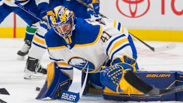 Oct 22, 2022; Vancouver, British Columbia, CAN; Buffalo Sabres goalie Craig Anderson (41) makes a save against the Vancouver Canucks in the first period at Rogers Arena. Mandatory Credit: Bob Frid-USA TODAY Sports