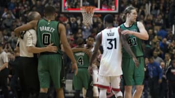 Jan 20, 2016; Toronto, Ontario, CAN; Toronto Raptors forward Terrence Ross (31) shakes hands with Boston Celtics center Kelly Olynyk (41) at the end of the fourth quarter in a game at Air Canada Centre. The Toronto Raptors won 115-109. Mandatory Credit: Nick Turchiaro-USA TODAY Sports
