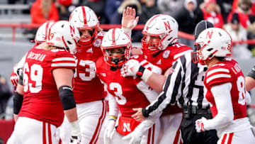 Nebraska football wide receiver Trey Palmer (3) celebrates with teammates (Dylan Widger-USA TODAY Sports)