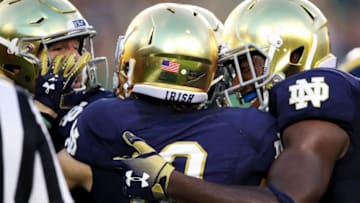 SOUTH BEND, IN - SEPTEMBER 01: Chris Finke #10 of the Notre Dame Fighting Irish celebrates his first quarter touchdown against the Michigan Wolverines at Notre Dame Stadium on September 1, 2018 in South Bend, Indiana. (Photo by Gregory Shamus/Getty Images)